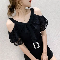 #7116 Lace T Shirt Women V Neck Off Shoulder T Shirt For Women Butterfly Sleeve Sexy Club Woman T-shirts Slim Tops Black White