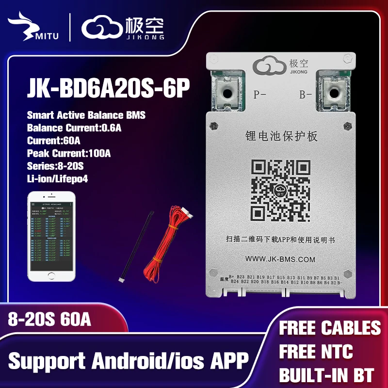 Jk Bms BD6A20S6P 8S 20S 60A 100A 13S 14S 16S 17S 24V 36V 48V 60V 72V Smart Bluetooth Active Balance Lifepo4 Li-Ion Lto Battery