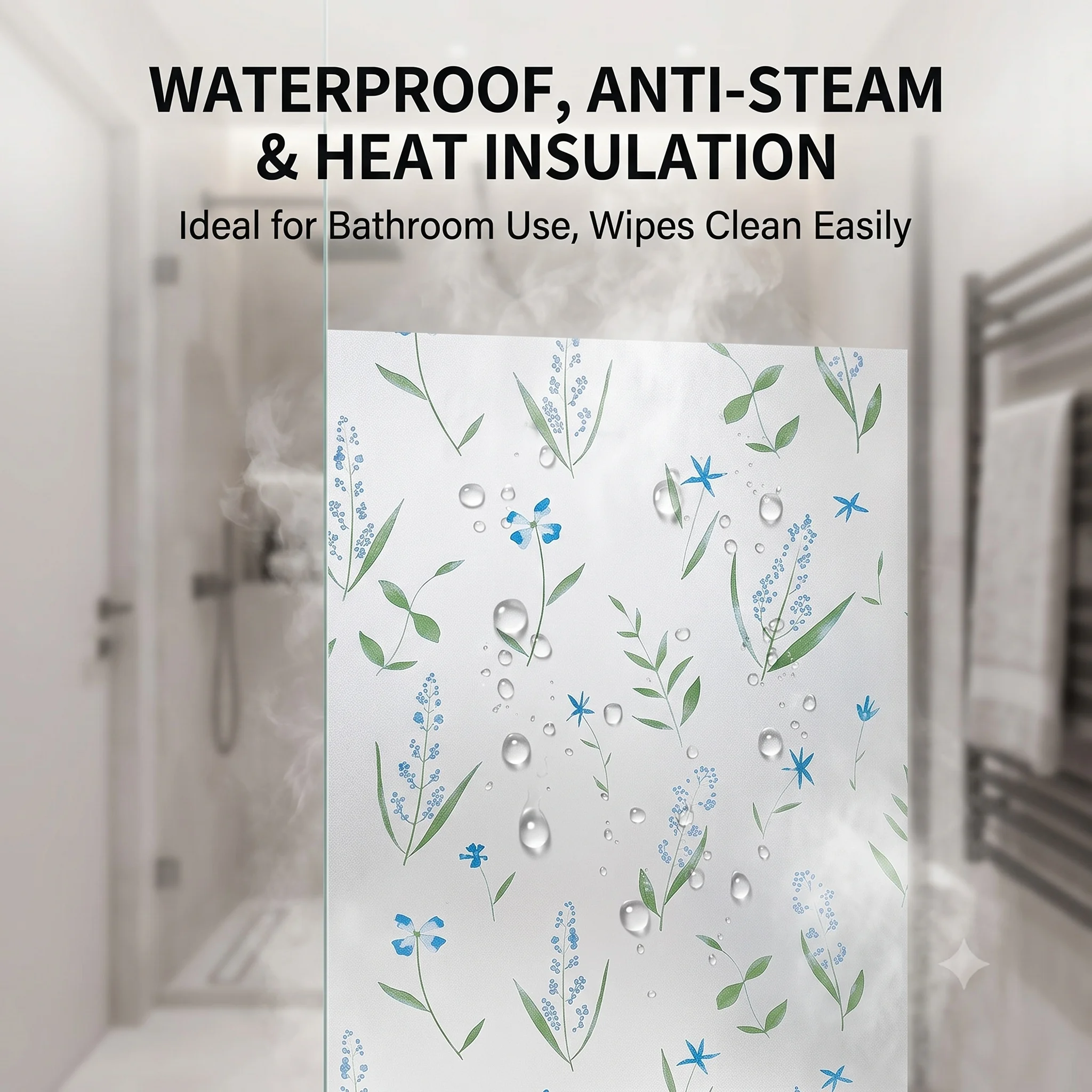 植物柄自己粘着性つや消し窓フィルム 緑の葉と青白い野花柄 プ - Window Insulation Film のレビューと価格