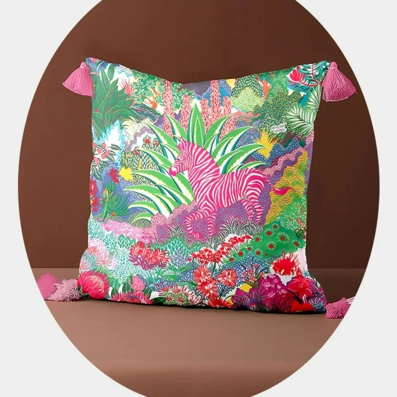 Suvan Luxury Tropical Rose Pink Zebra Series Colorful Pillowcase Double-Side Print Velvet Tassel Cushion Cover Decoration Home