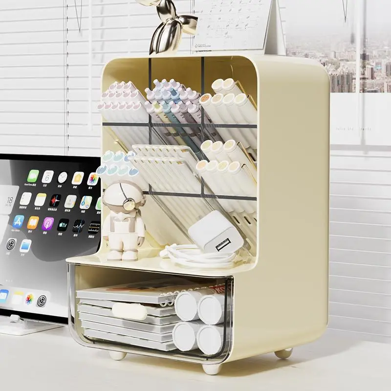 Plastic Slant Insert Pen Holder with Dustproof Drawer Multi-layer Large Capacity Desktop Stationery Organizer Office Supplies