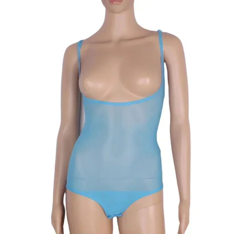 Camisola Sexy transparente con empalme de malla para mujer, camisola transparente con cuello Halter, Top de danza del vientre sin mangas, piel básica de Color sólido