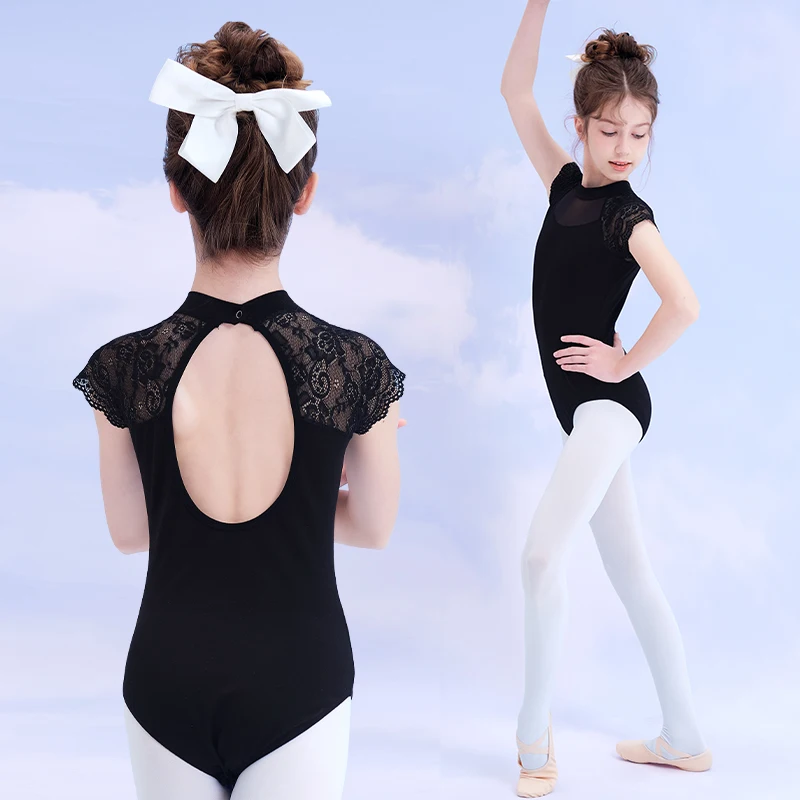 Ballet Leotards for Girls Kids Gymnastics Leotards Lace Stand Collar Dance Costume Suit Bodysuit with Skirts Summer Swimsuit