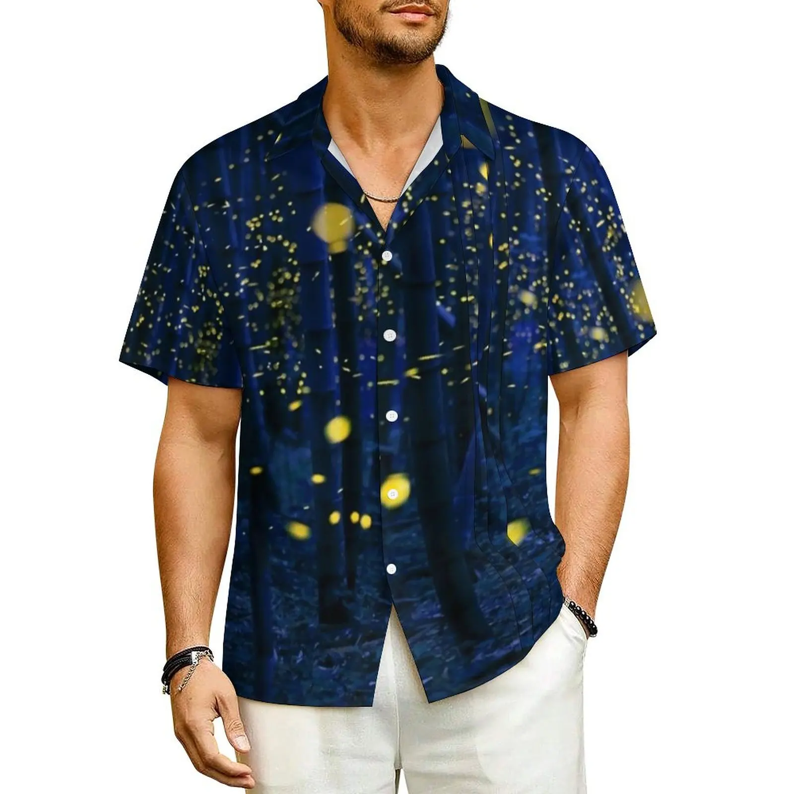 Night Forest Vacation Shirt Man Fireflies Print Vintage Casual Shirts Hawaiian Short Sleeves Y2K Street Plus Size Blouses Gift