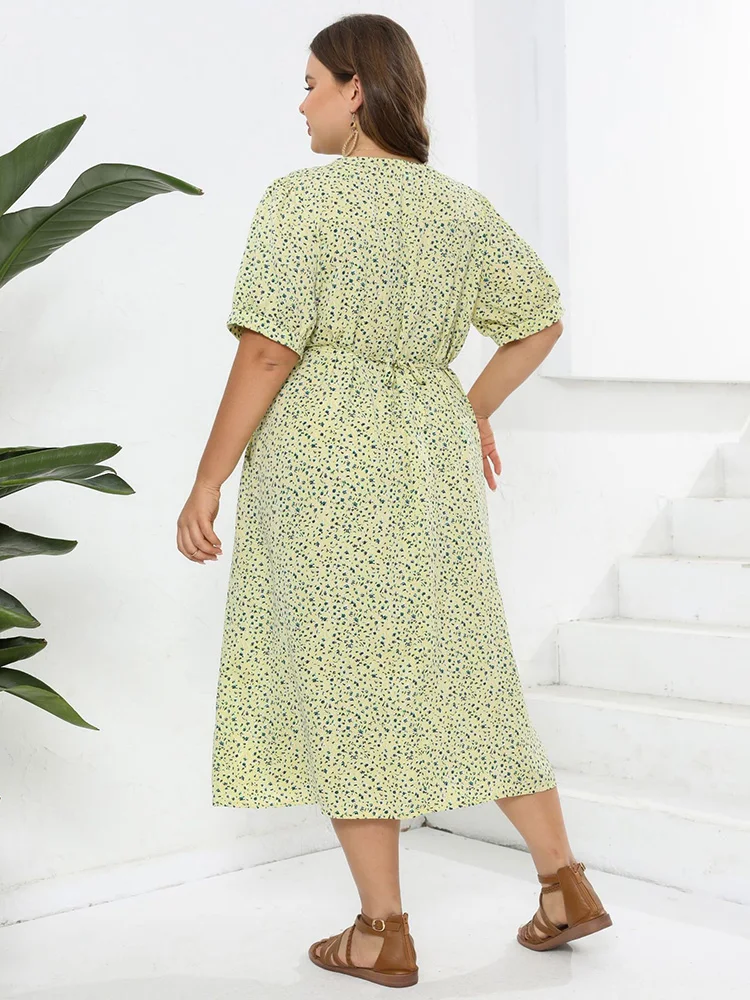 GIBSIE Plus Size Boho Puff Sleeve High Waist Dress 2024 Women's Vintage Ditsy Floral A-line Summer Long Dresses with Pockets