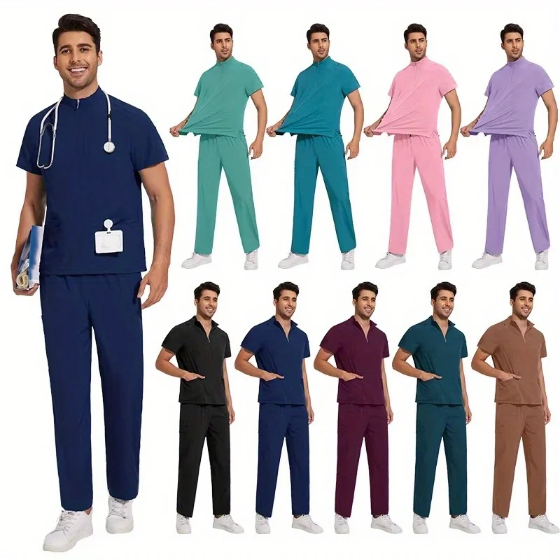 Men’s New 2-Piece Beauty Salon Work Uniform – Jogging Set Style with Zipper Stand Collar Scrub Top + Classic/Yoga Jogger Pants