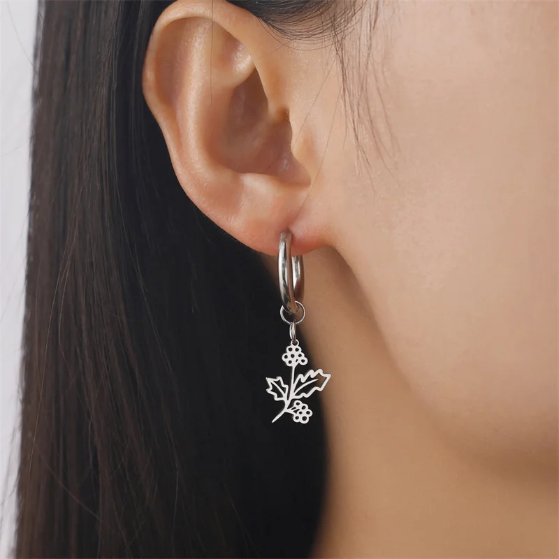 Stainless Steel Earrings 12 Birth Month Flower Women's Hoop Earring Lotus Holly Luxury Earrings 2023 Trend Jewelry Birthday Gift