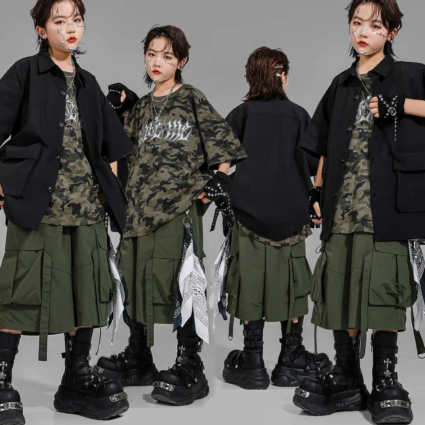 

Kid Kpop Hip Hop Clothing Black Cargo Shirt Camo T Shirt Army Green Casual Cargo Shorts for Girl Boy Jazz Dance Costume Clothes