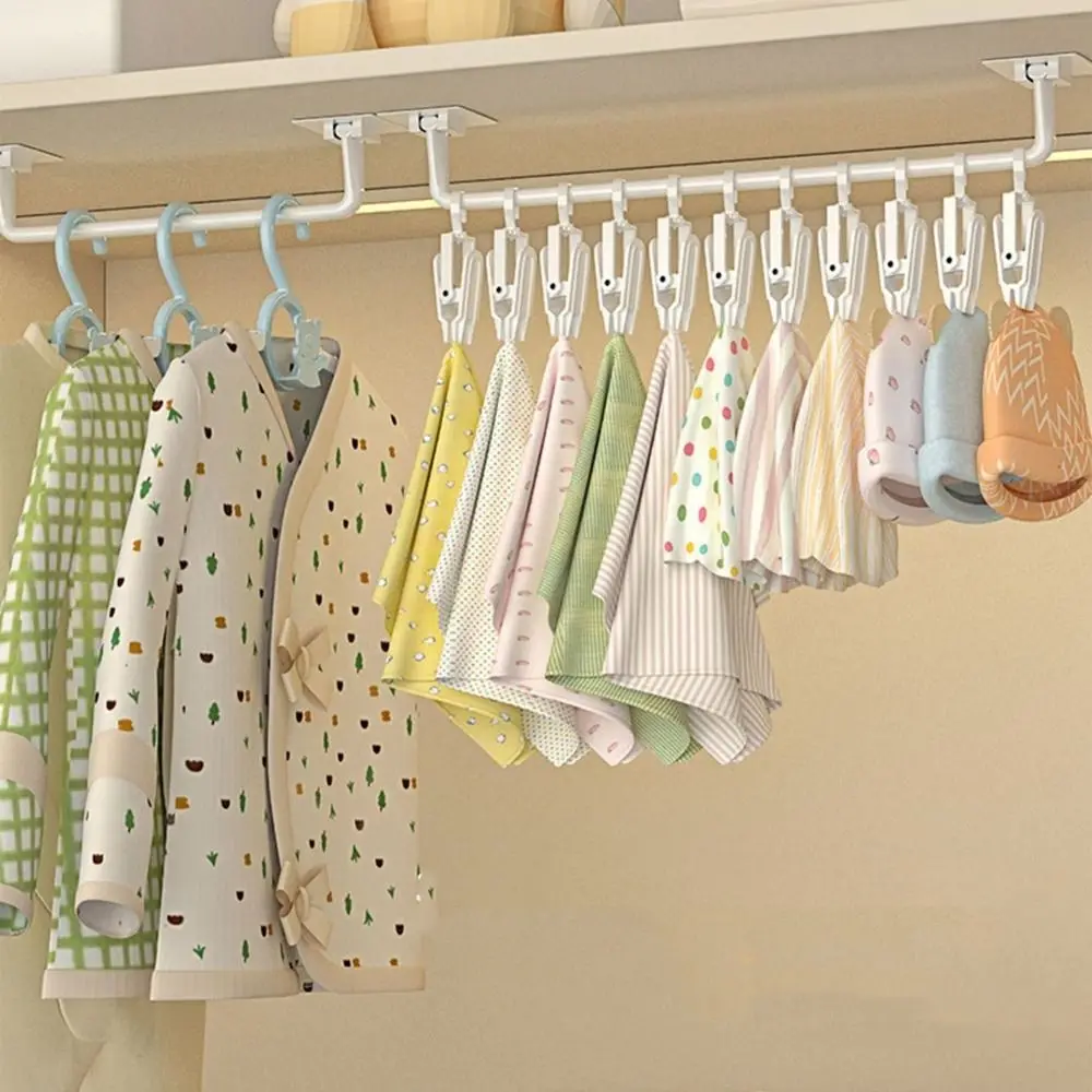 

Plastic Kids Wardrobe Hanging Rod Punch-free Wall Mounted Hat Storage Rack Adjustable with Clips Towel Sock Clip for Home