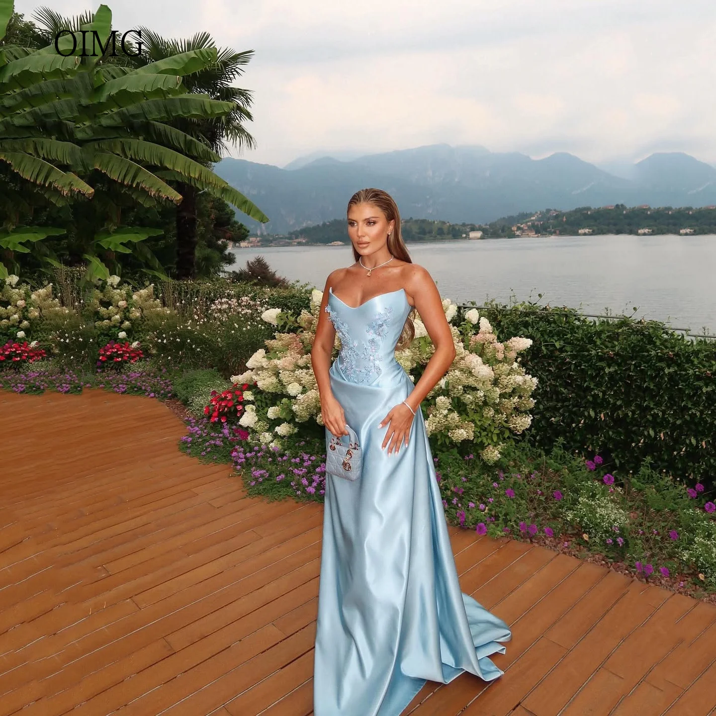 

OIMG Sky Blue Strapless Mermaid Prom Gowns Backless Beaded Formal Party Gown Smooth Floor Length Evening Dress Customized