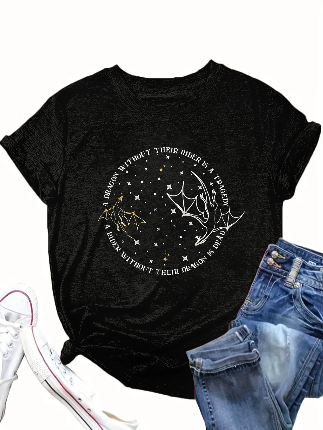 

Plus - Size Women's Plus - Size Fantasy - Inspired T - Shirt, Dragon and Rider Quote Design Black Top