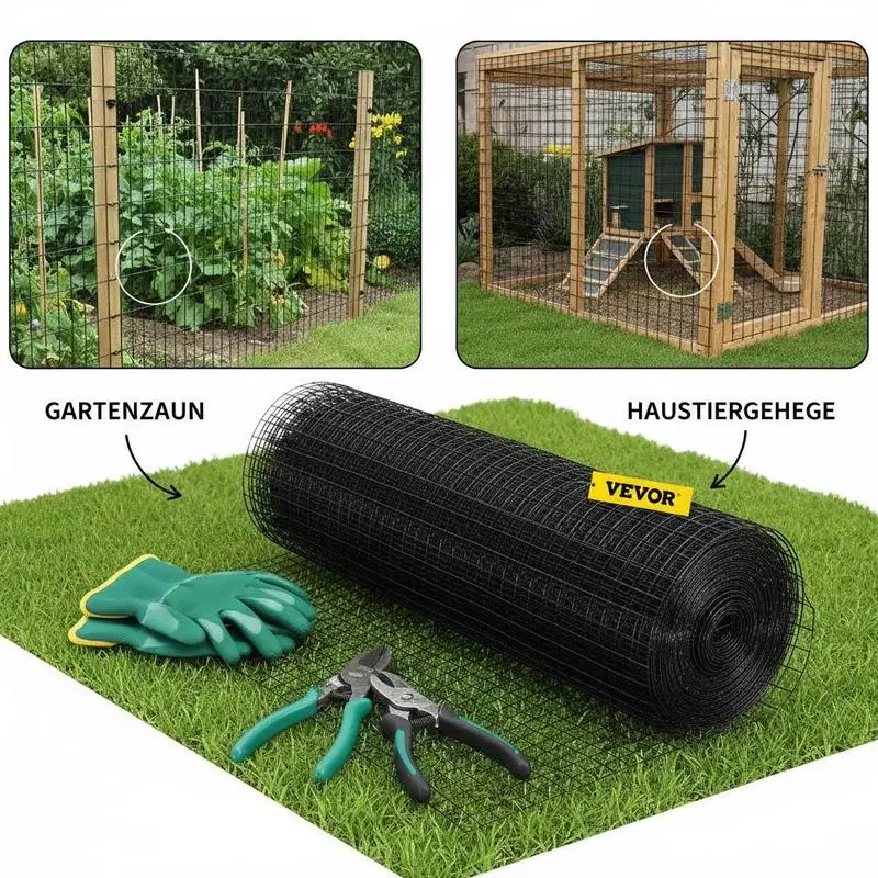 Metal Wire Mesh 24" x 50' 1" x 1" Grid For Vegetable Gardens Flower Beds Chicken Coops 16 Gauge Vinyl Coated Steel Welded Fencing Roll Black Includes Cutting Plier Fabric Gloves view 2