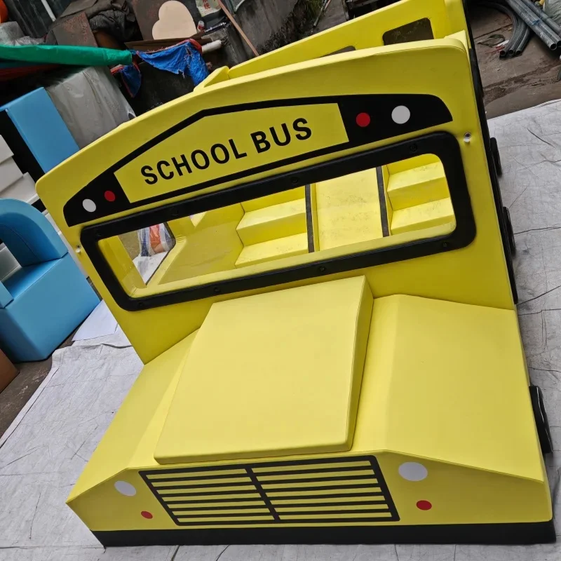 Cute Cartoon Yellow School Bus Durable Foam Kids Sensory Equipment Indoor Play Vehicle for Play Cafe Birthday Party Hire