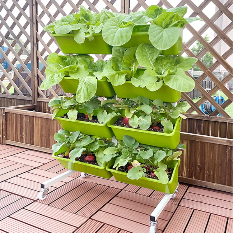 Floor-mounted stainless steel movable flower stand with wheels, three-dimensional multi-storey balcony for vegetable planting