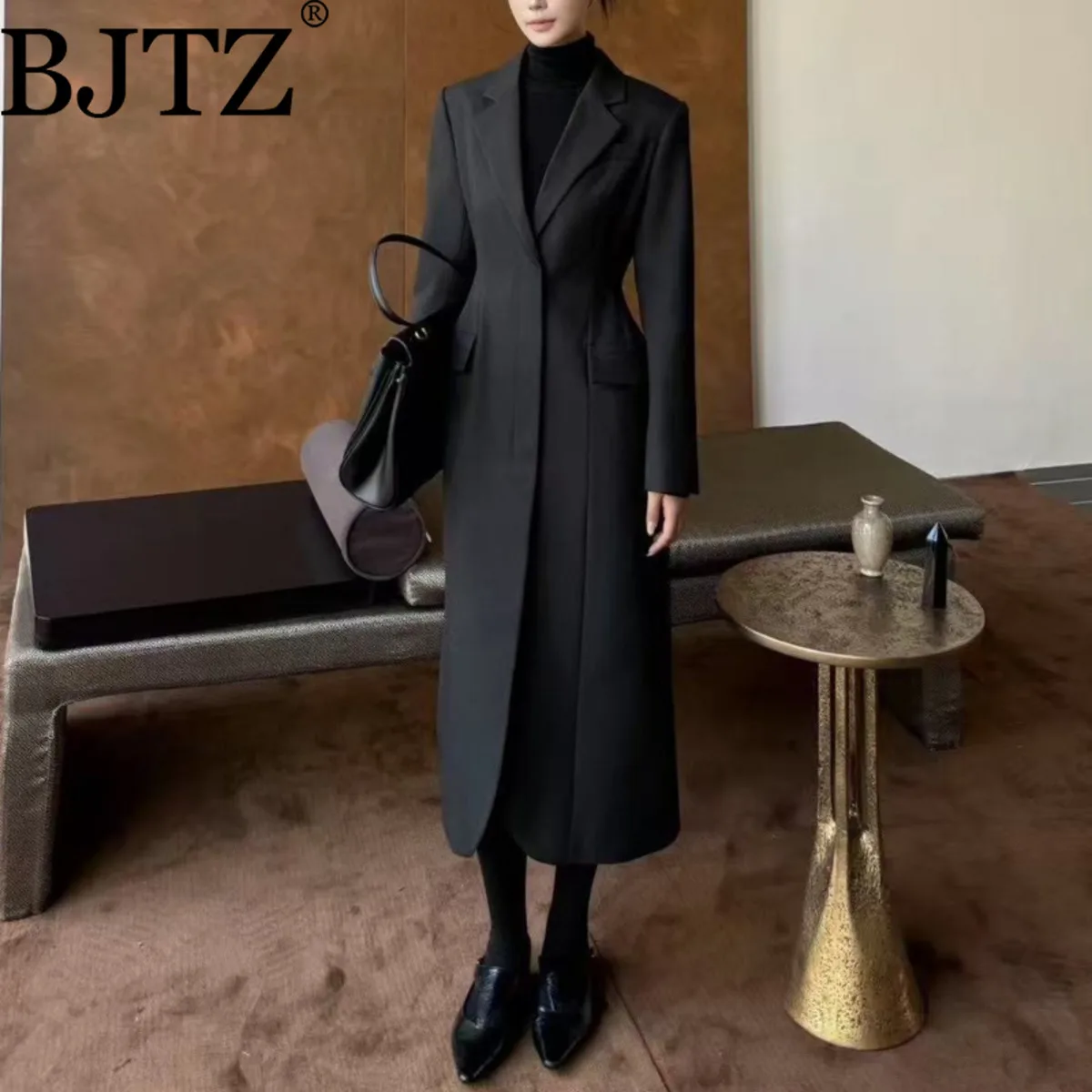 

BJTZ fashion temperament long blazer jacket for woman 2025 spring autumn new solid color trendy women coat
