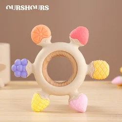 BPA Free Baby Silicone Teethers with Wooden Ring Cartoon Fruit Rudder Shape Teething Toys Infant Chewing Nursing Toy Baby Stuff