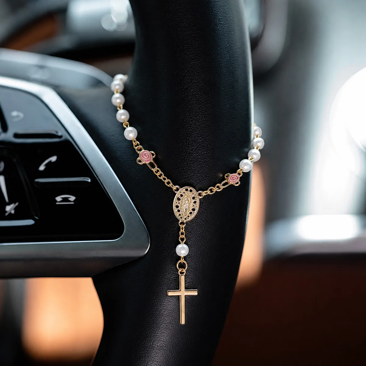 Imitation Pearl Rose Rosary Car Ornament, Our Lady Medal Simple Cross Rearview Mirror Pendant for Vehicle Interior