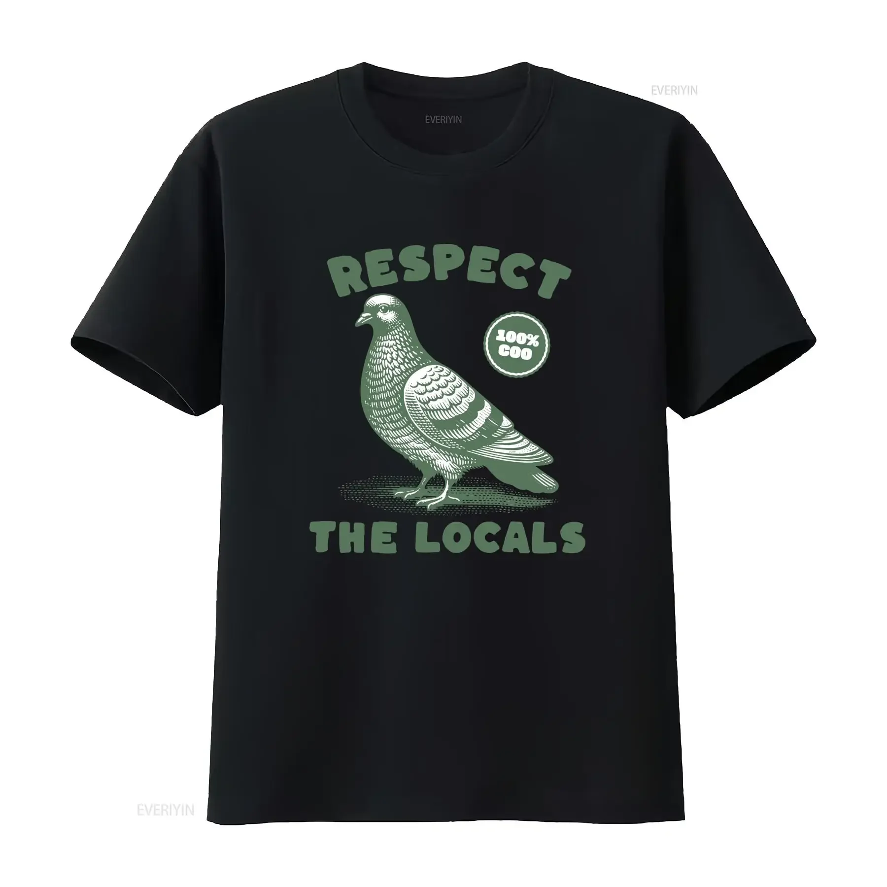 T-shirt vintage décontracté streetwear avec slogan « Respect The Locals » imprimé, motif pigeon amusant, effet délavé, extensible et confortable