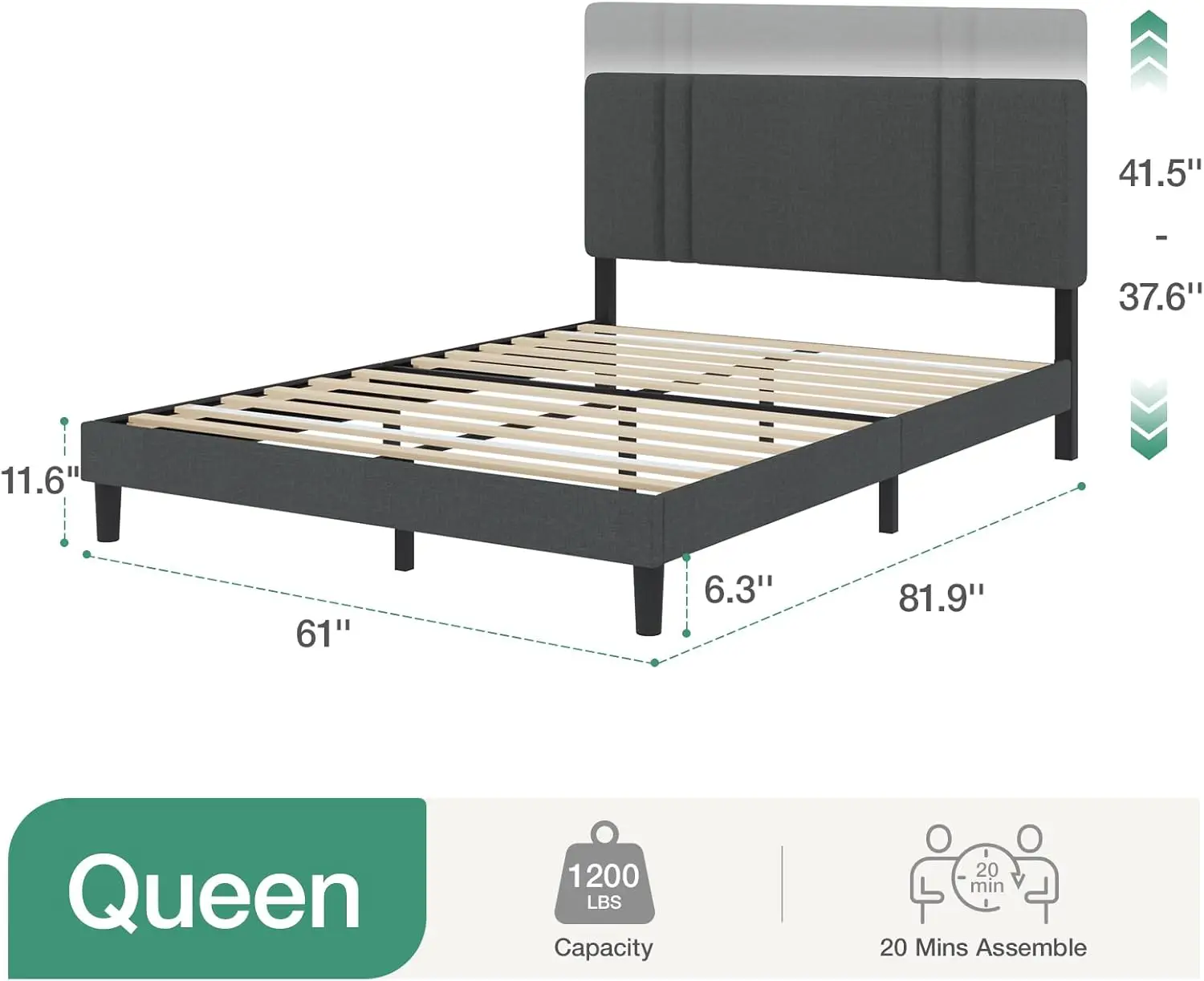 Novilla Queen Bed Frame With Headboard, Queen Size Bed Frame With Adjustable Headboard, Linen Upholstered Bed Frame Queen Size,