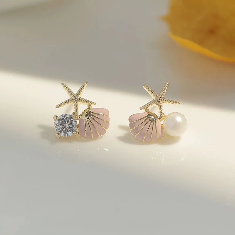 Modische Asymmetrische Ohrstecker im Ozean-Stil Direkt vom Hersteller für Frauen Imitationsperlen Seestern Muschel Ohrringe Zirkon Schmuck Geschenk – Detail 4