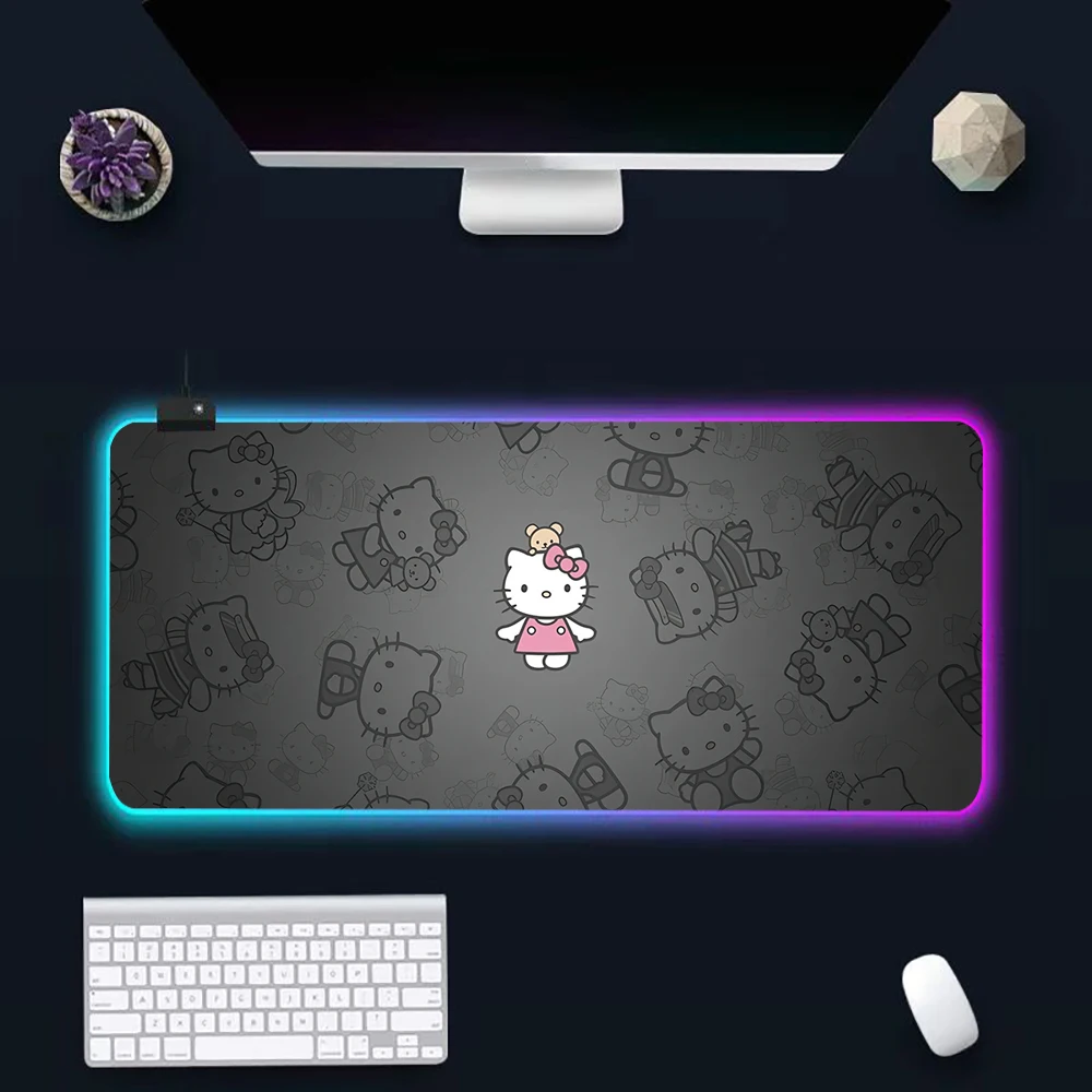 Cute Kittys Cartoon Helloes RGB Pc Gamer Tastiera Mouse Pad Mousepad LED Incandescente Tappetini per mouse Gomma Gaming Computer Mausepad