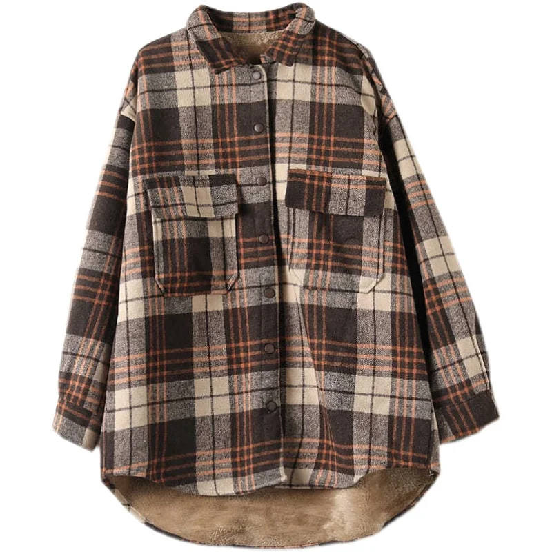Plus size feminino inverno irt coreano sle solto artístico xadrez casaco de lã cordeiro veludo thiened blusa feminina outerwear