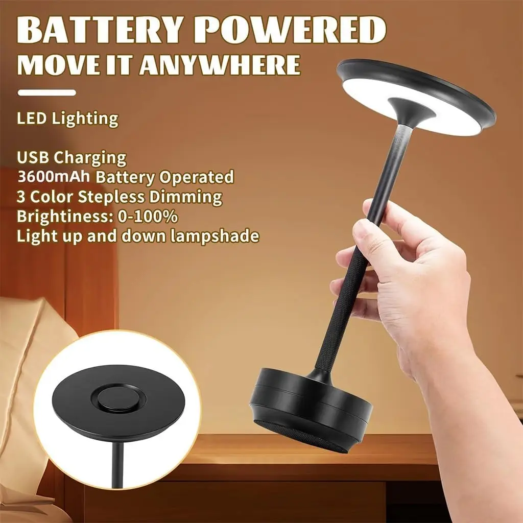Cordless Table Lamp Rechargeable Dimmable Retro Night Light Touch Lamp Portable for Outdoor Patio Bar Restaurant Bedroom Bedside