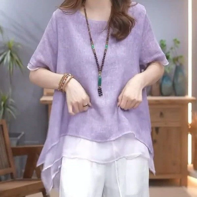 

Fashion Literary Suit Simple and Gentle Solid Color Round Neck Design Shirt