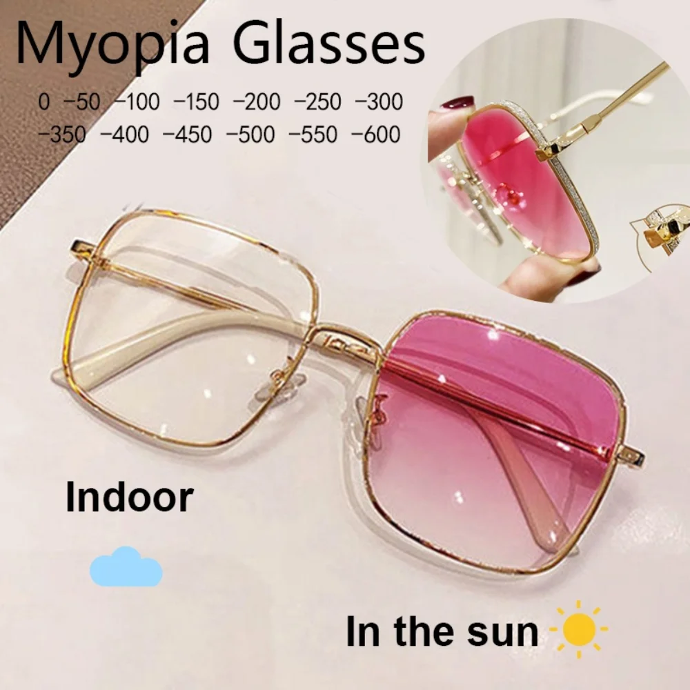 Myopia Photochromic Glasses Women Diamond Studded Oversized Square Anti Blue Light UV-proof finished glasses with degree 0~-600