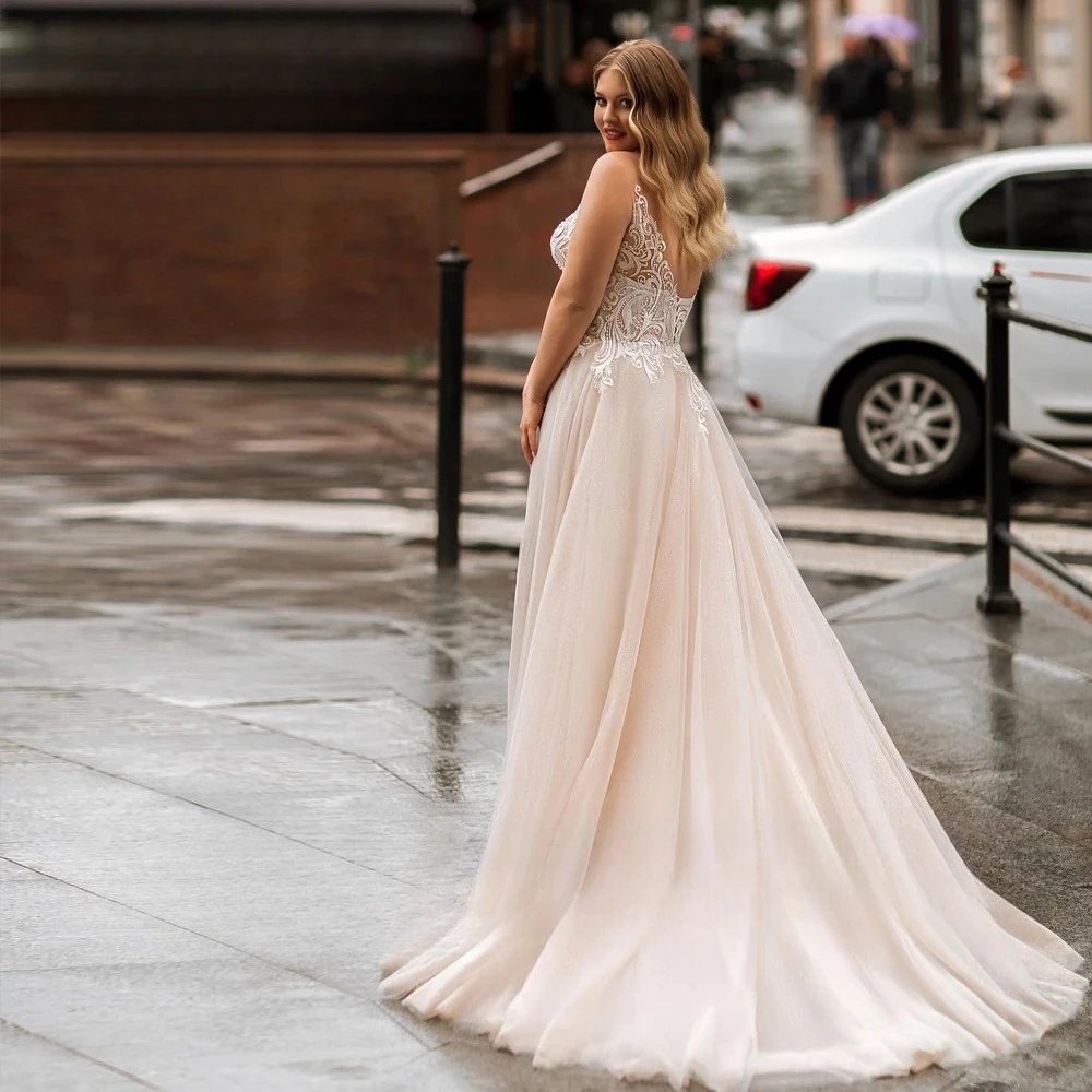 Classic Tulle Wedding Dresses Plus Size V Neck Sleeveless Bridal Gowns Applique Pearls Floor Length A-Line Vestidos De Novia