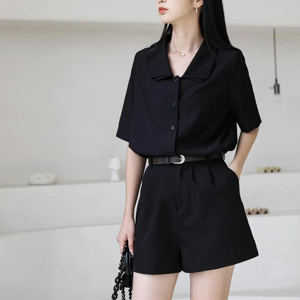 Black Shirts Women Summer Unisex Simple Chic Half Sleeve Basic Schoolgirls Tops All-match Straight Clothes Hot Sale Vintage Lady