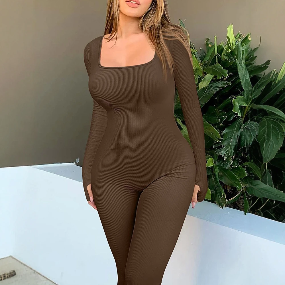 レディース長袖ジャンプスーツ、ラウンドネック、フルレングス、スキニーフィット、スポーティー、無地、トレーニングウェア、秋用