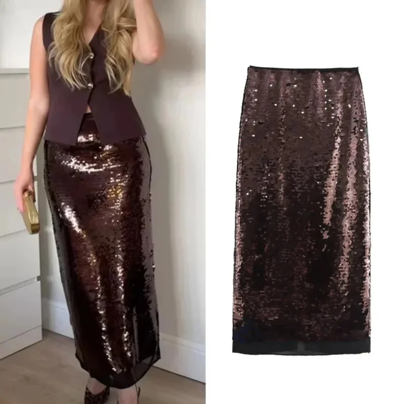 Brown Sequin Midi Skirt Women Stylish High Waist Glitter Party Skirts European And American Style 2024 Autumn Loose Long Skirt