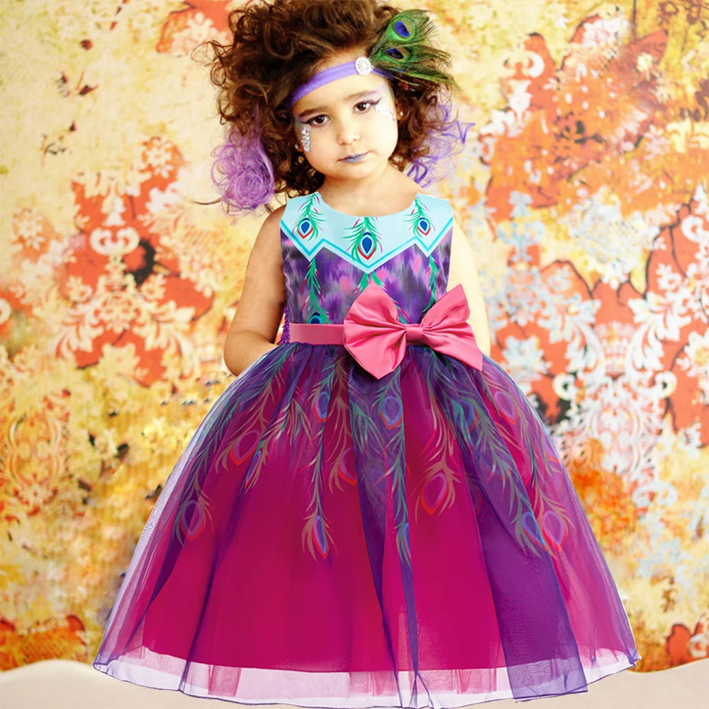 

Young Girls Future Iwaju Princess Gown Kids Peacock Feather Print Party Dresses Girl Cosplay Bow Purple Dress Children New Wear