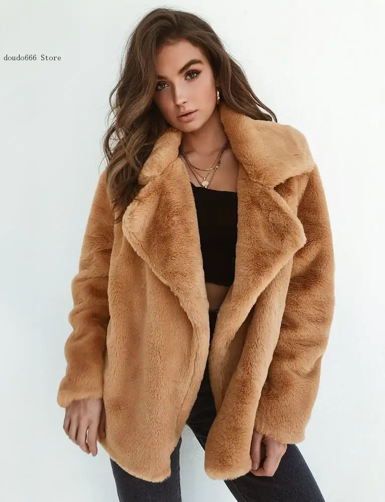 Women Fall/winter Sexy Plush Fake Fur Lapel Slim Casual Short Coat