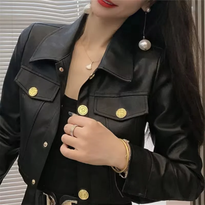 Fashion Rain-Proof Coat PU Leather Short Coat Women's New Spring Autumn Suit Leather Jacket With Button Detailing Clothes Female