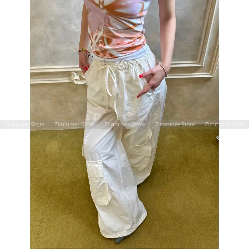 

Niche Design Drawstring Large Pocket Style Loose Wide Leg Workwear Pants Straight Leg Pants Women 24 Years New