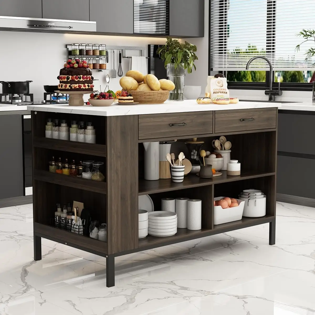 Stationary Kitchen Island with 2 Drawers & Open Shelves, Kitchen Island Table with Metal Legs, Bar Table Island Table Brown