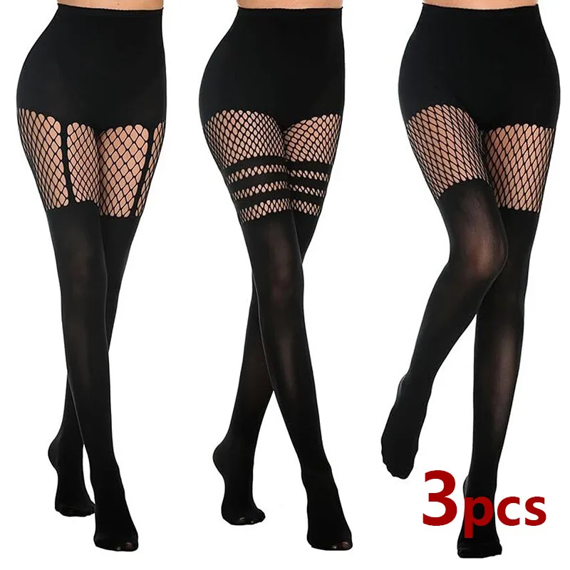 Plus Size Lace Fishing Net Socks Women's 3-Pcs Set Pantyhose Sexy Hollow Garter Stockings Three Bars Splicing Fishnet Tights