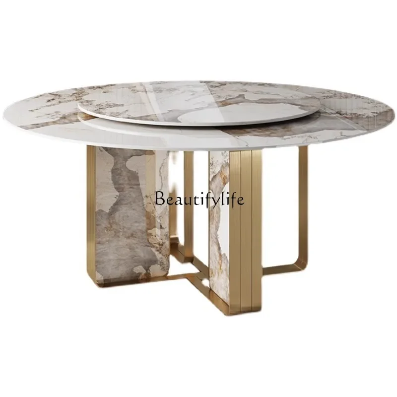 

Light luxury round table, simple small apartment, bright round marble with turntable CC rock slab dining table