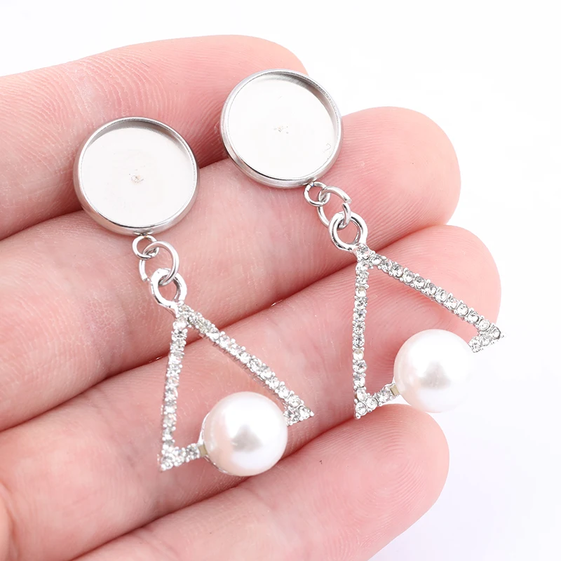 

10pcs 12mm stainless steel Cabochon Earring Base Blanks Studs With Triangle Pearl Charm Diy Bezel Settings For Jewelry Making