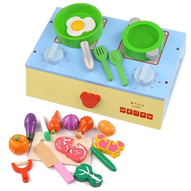 Baby pretend play house toys wooden funny kitchen toy food cooking toys play miniature kitchen set cutting fruit vegetable toys