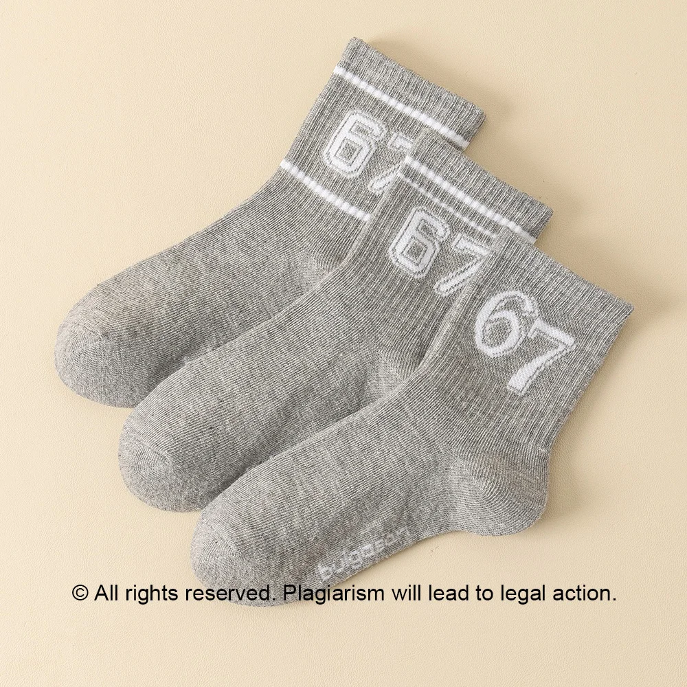 3pairs Kids Socks Sporty Style with Number 67 Pattern Comfortable & Breathable Grey Daily Wear Ideal Birthday Gift