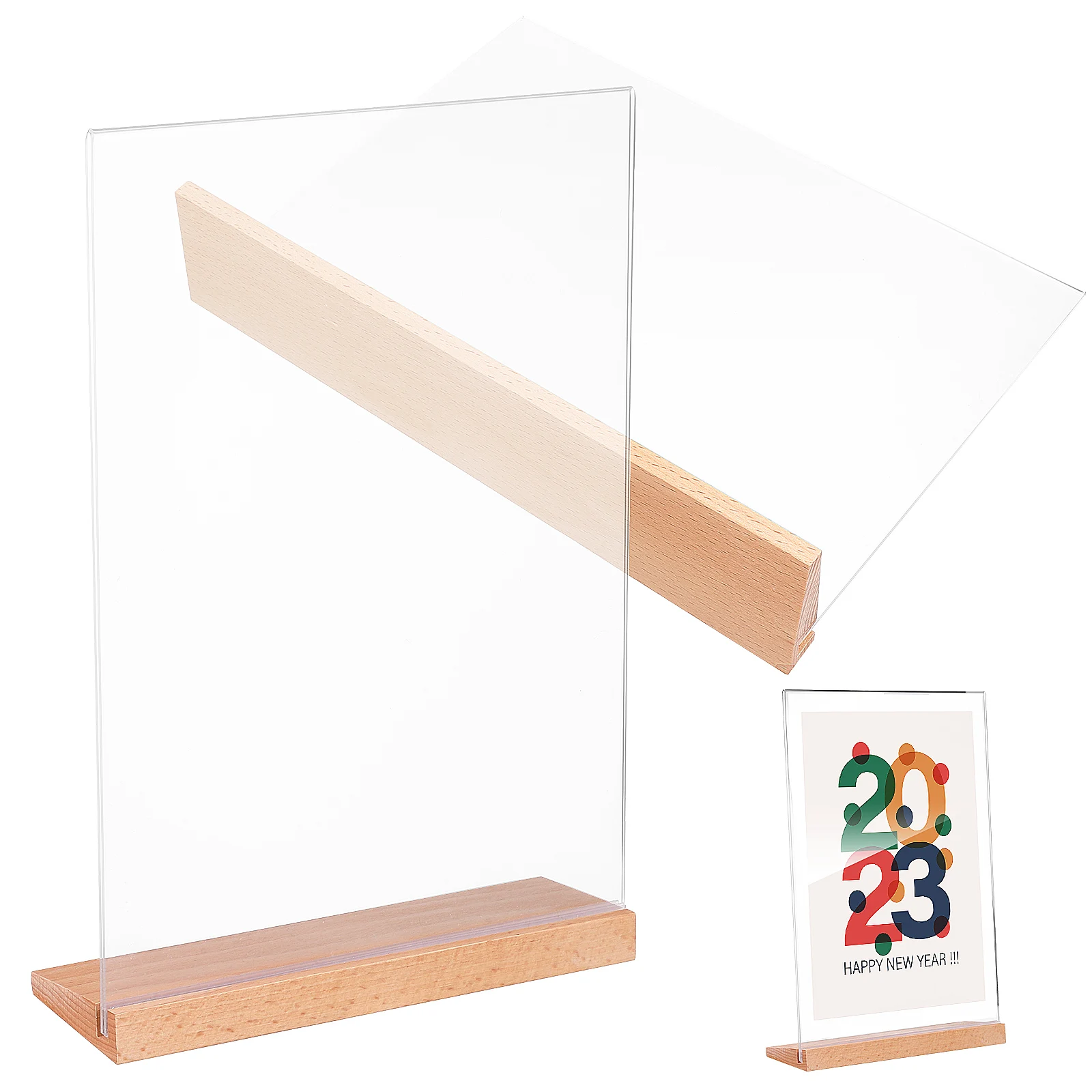 

2Pcs Transparent Acrylic Sign Holders L-Shaped Board Elegant Wood Base Table Display Stand for Restaurants Weddings