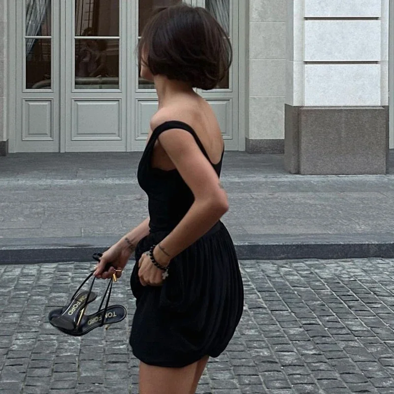 Geraffte Hohe Taille Hosenträger Kleid Weibliche Ärmel Unregelmäßigen Saum Kurzes Kleid Neue Weibliche Schwarz Abend Party Kleid