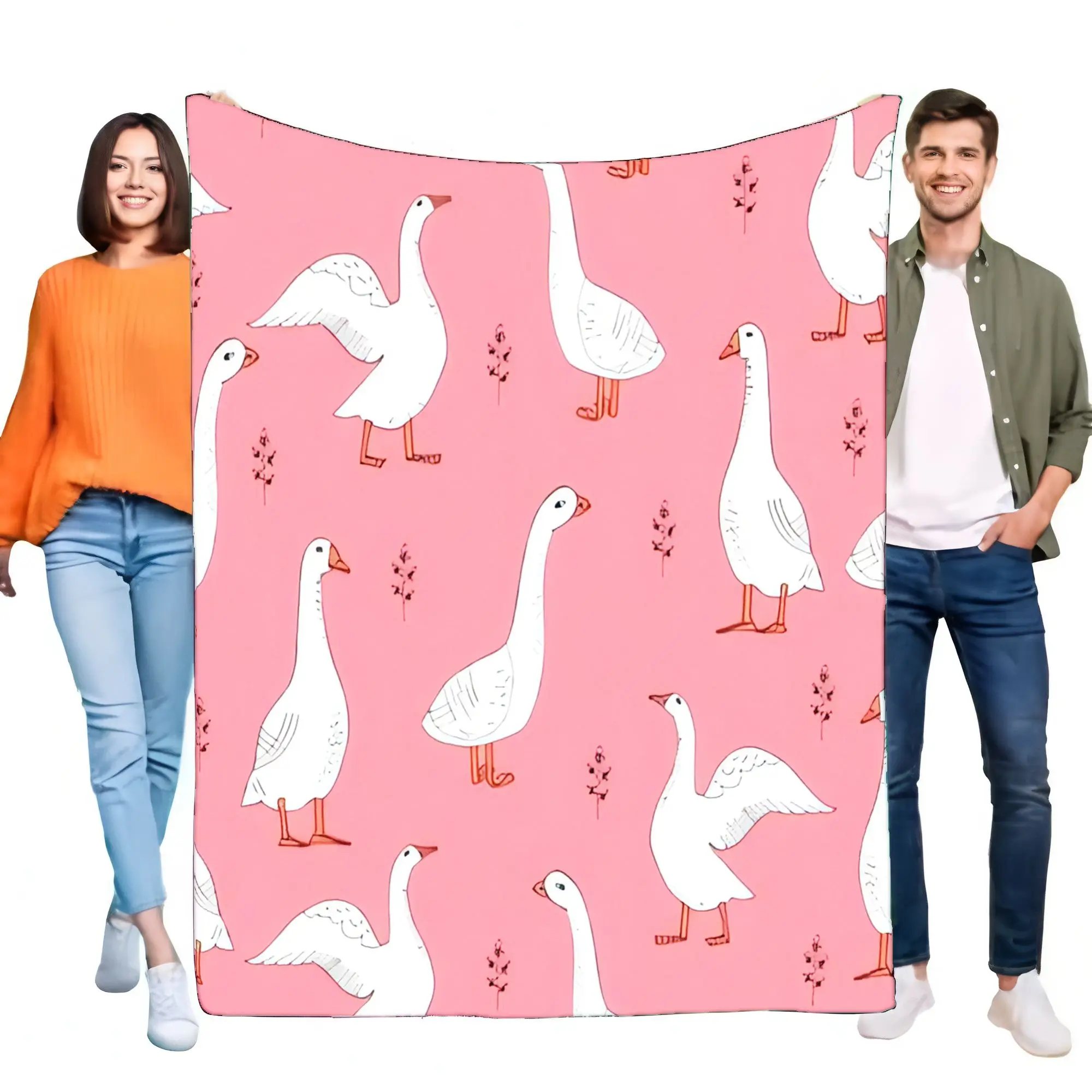 Manta con estampado de ganso rosa, manta decorativa suave con detalles florales rojos, ropa de cama acogedora para el hogar