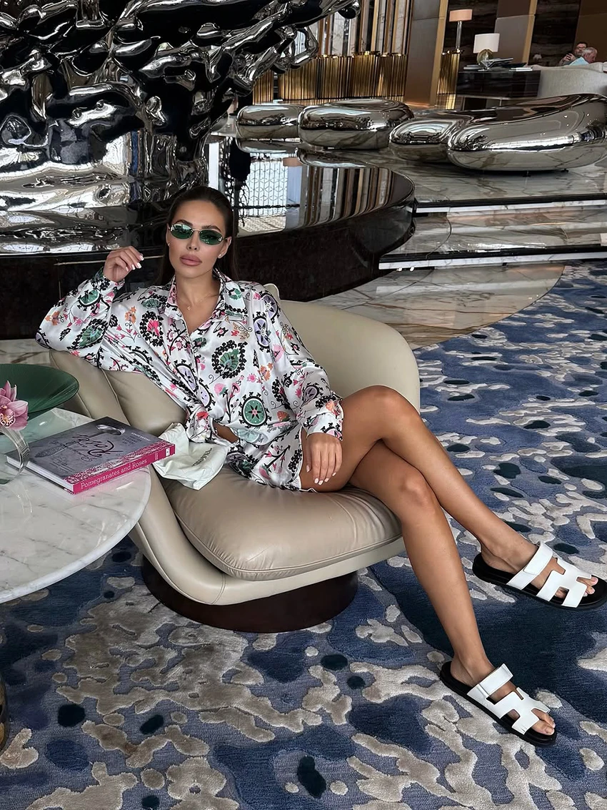 Marthaqiqi Printing Loose Women Nightwear Suit Turn-Down Collar Sleepwear Long Sleeve Pajamas Shorts Casual Ladies Nightgown Set