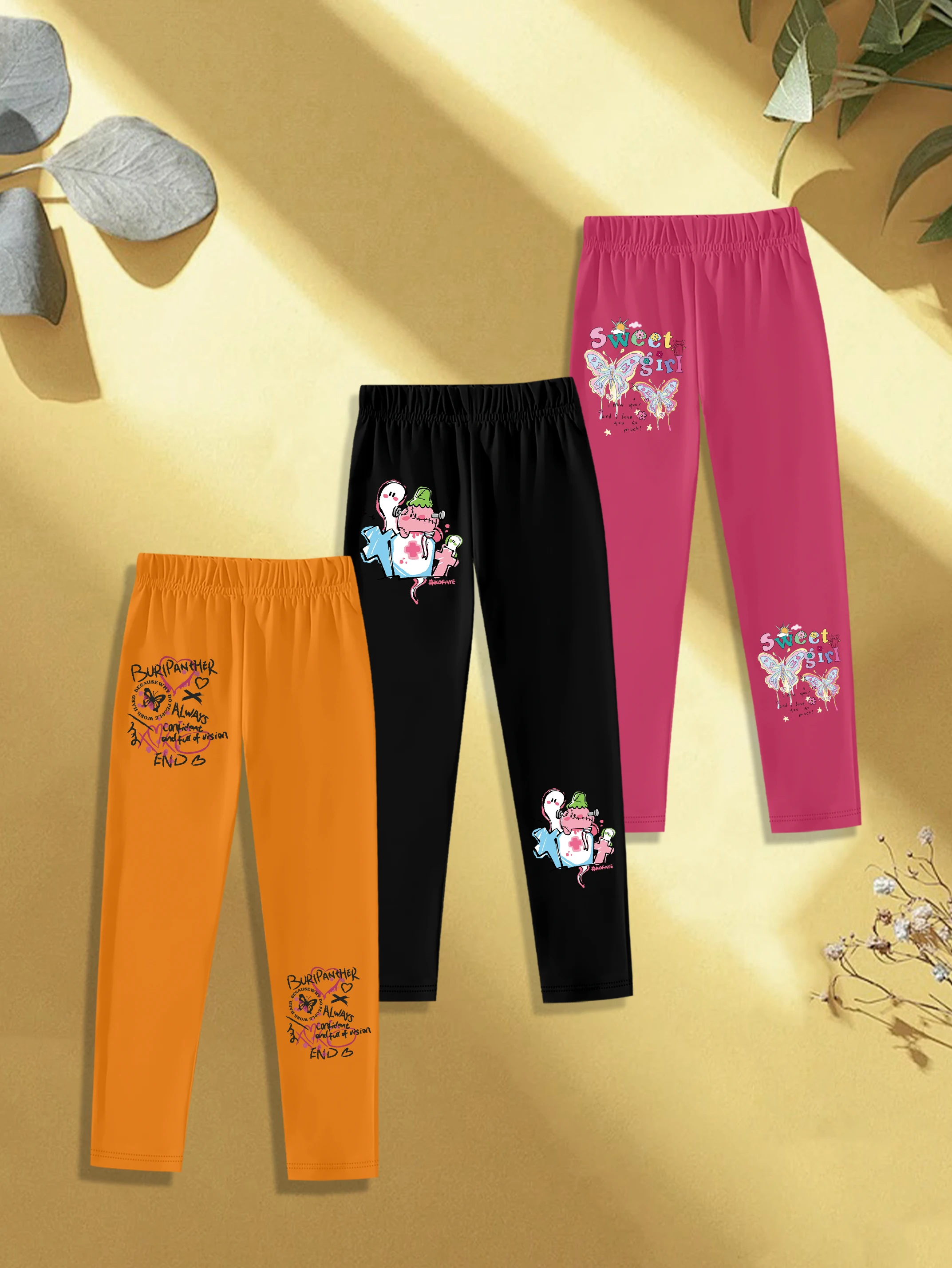 3 pieces: Autumn Girls Leggings Cute Cartoon Letter Ghost Butterfly Print Sweet Kids Bottoms
