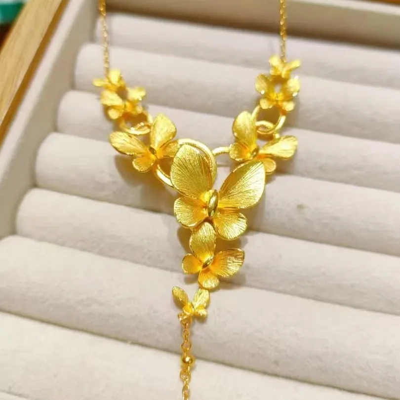 

Luxury 24K 9999 Pure Gold real gold Women's Flower Butterfly Necklace Set Chain