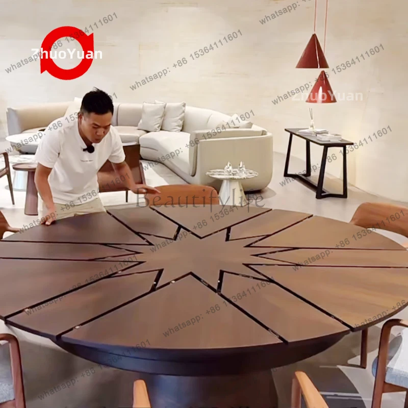 Fletcher dining expandable table adjustable expanded enlarge Rotational wooden Walnut veneer table for 8/10/12/14 people seaters